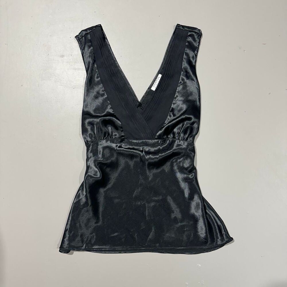 Y2K George Women's Medium Black Satin V-Neck Blouse with Tie Waist